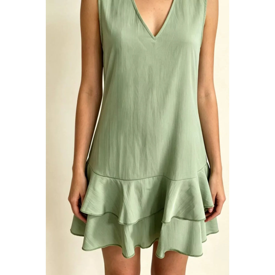 Full Size Sleeveless V-Neck Ruffle Hem Mini Dress Plus Size Apparel and Accessories