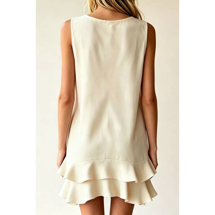 Full Size Sleeveless V-Neck Ruffle Hem Mini Dress Plus Size Beige / S Apparel and Accessories