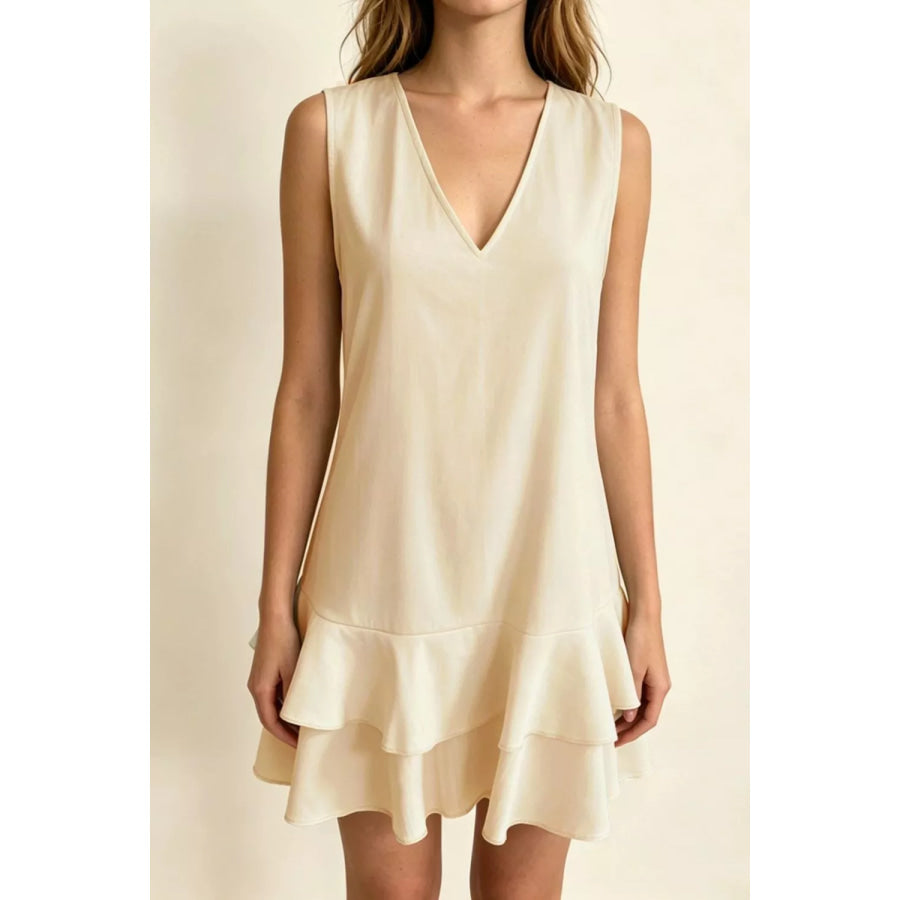 Full Size Sleeveless V-Neck Ruffle Hem Mini Dress Plus Size Beige / S Apparel and Accessories