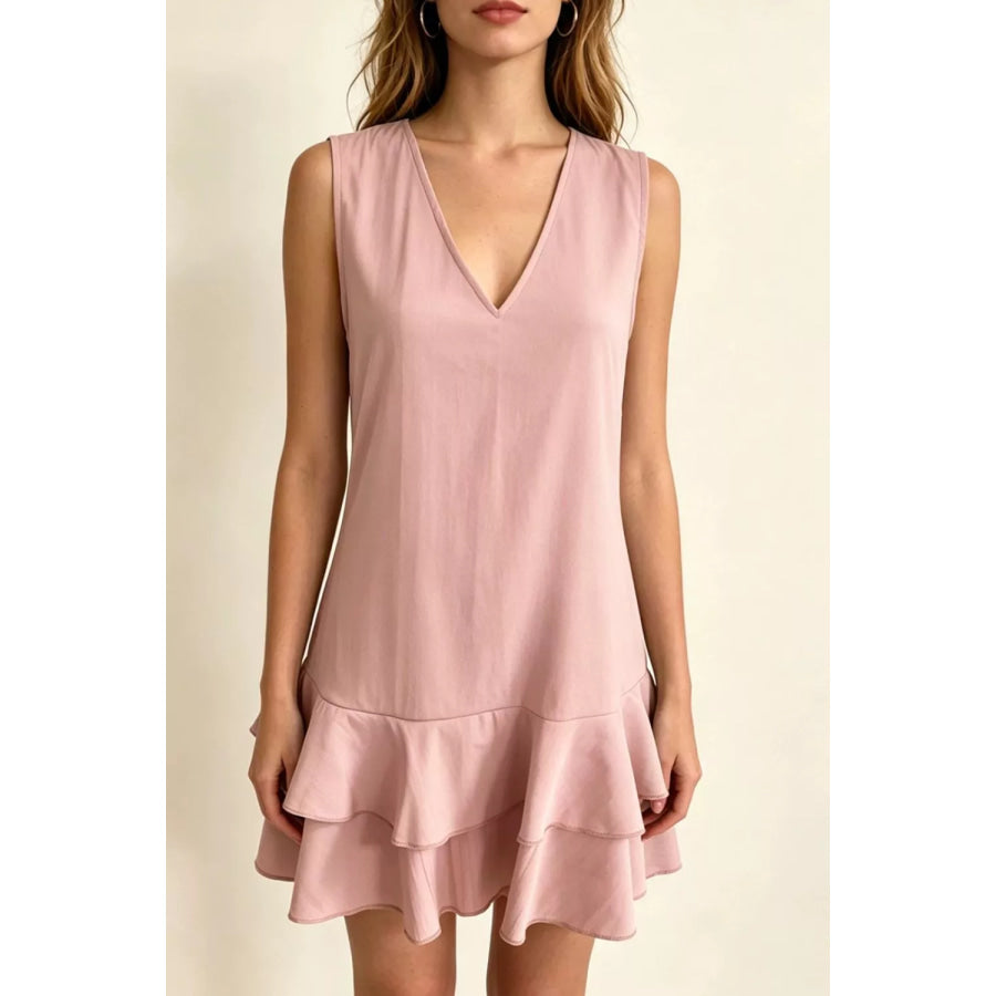 Full Size Sleeveless V-Neck Ruffle Hem Mini Dress Plus Size Dusty Pink / S Apparel and Accessories