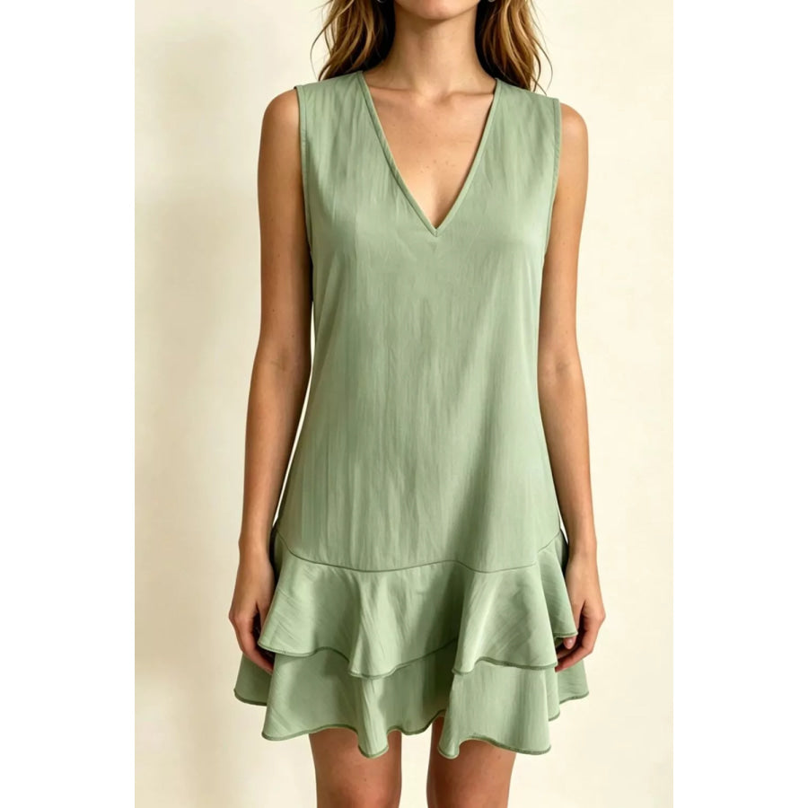 Full Size Sleeveless V-Neck Ruffle Hem Mini Dress Plus Size Sage / S Apparel and Accessories