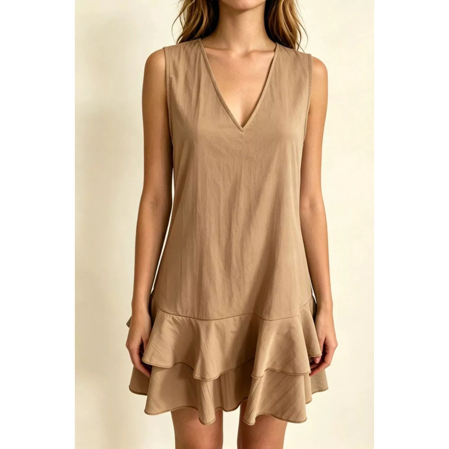 Full Size Sleeveless V-Neck Ruffle Hem Mini Dress Plus Size Taupe / S Apparel and Accessories