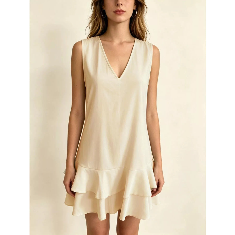 Full Size Sleeveless V-Neck Tiered Ruffle Mini Dress Plus Size Apricot / S Apparel and Accessories