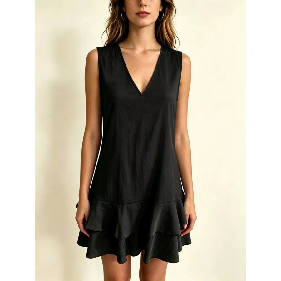 Full Size Sleeveless V-Neck Tiered Ruffle Mini Dress Plus Size Black / S Apparel and Accessories