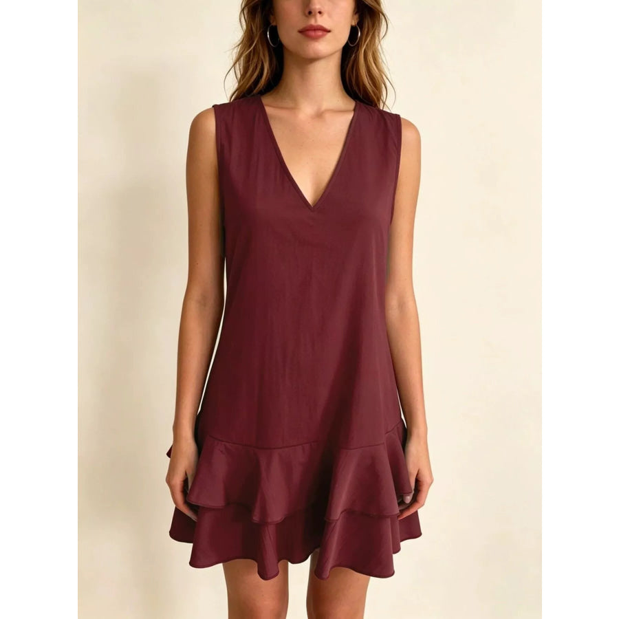 Full Size Sleeveless V-Neck Tiered Ruffle Mini Dress Plus Size Burgundy / S Apparel and Accessories