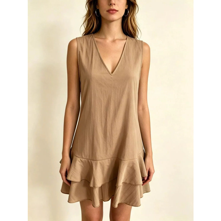 Full Size Sleeveless V-Neck Tiered Ruffle Mini Dress Plus Size Khaki / S Apparel and Accessories