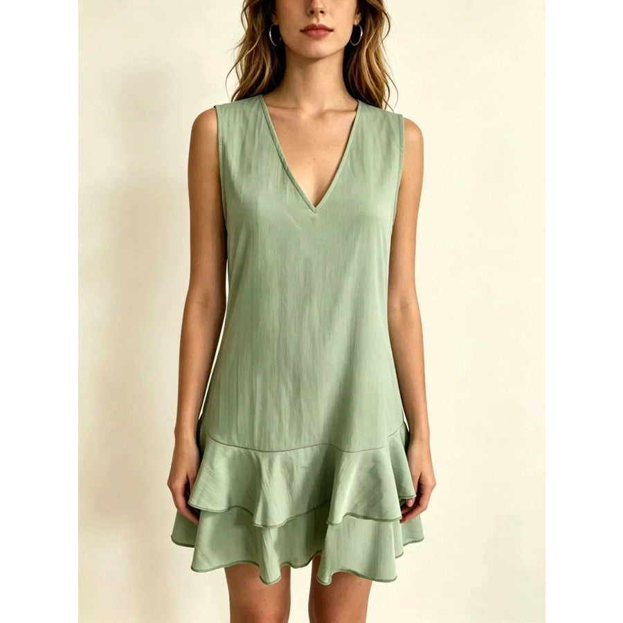 Full Size Sleeveless V-Neck Tiered Ruffle Mini Dress Plus Size Light Green / S Apparel and Accessories
