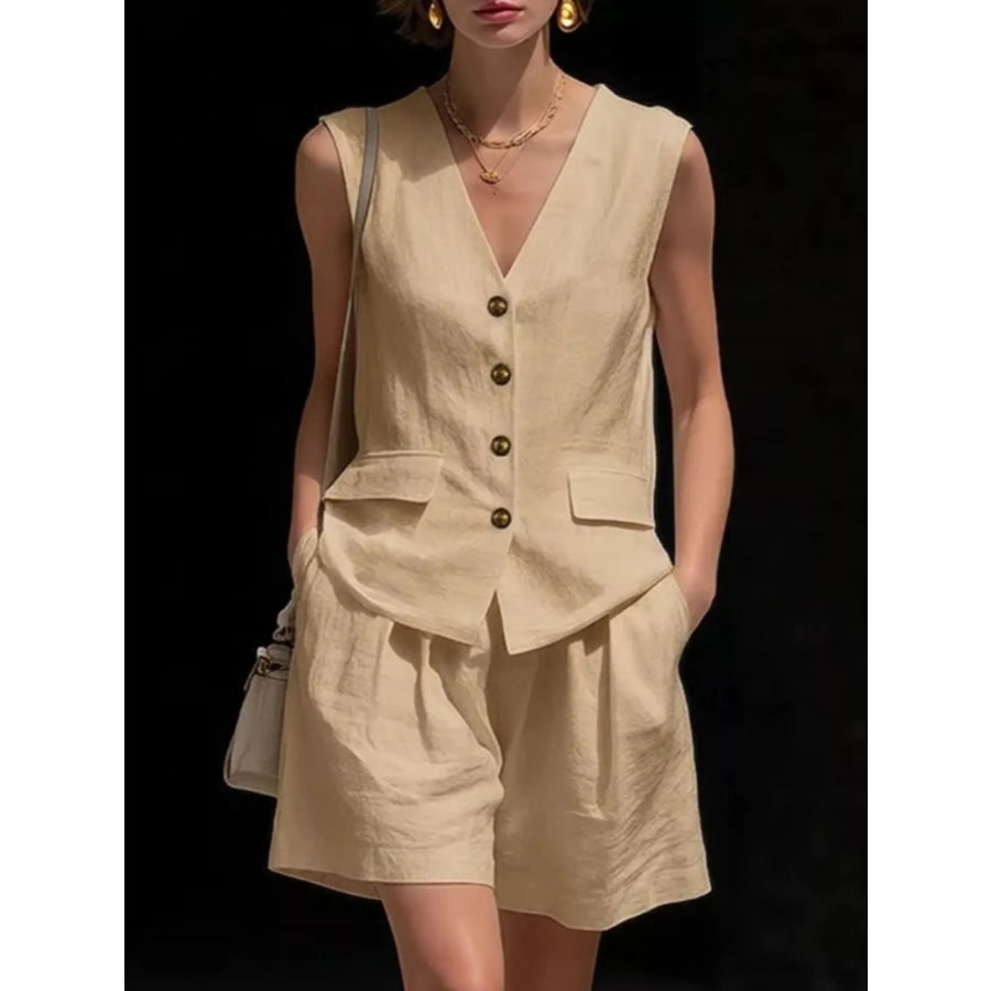 Full Size Sleeveless Vest and Shorts Set Plus Size Khaki / S Apparel and Accessories