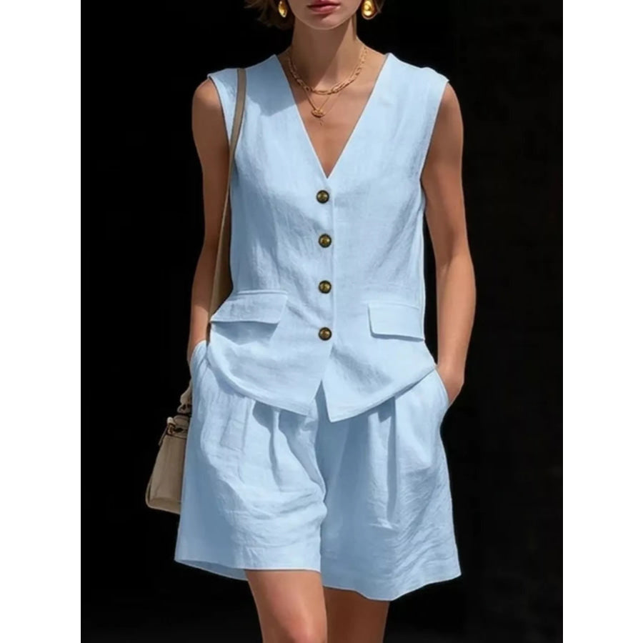 Full Size Sleeveless Vest and Shorts Set Plus Size Light Blue / S Apparel and Accessories