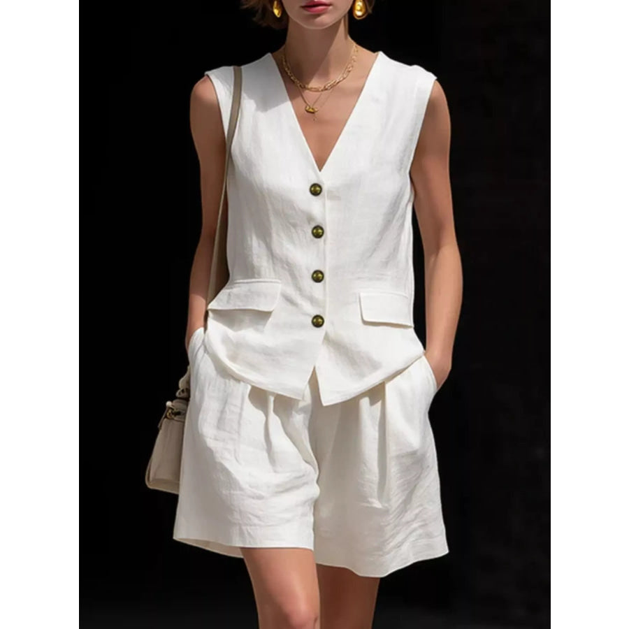 Full Size Sleeveless Vest and Shorts Set Plus Size White / S Apparel and Accessories