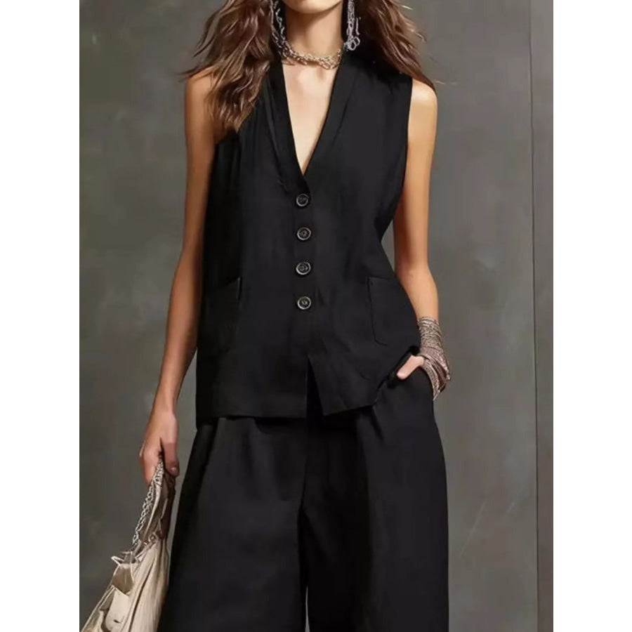 Full Size Sleeveless Vest and Wide-Leg Pants Set Plus SIze Apparel and Accessories
