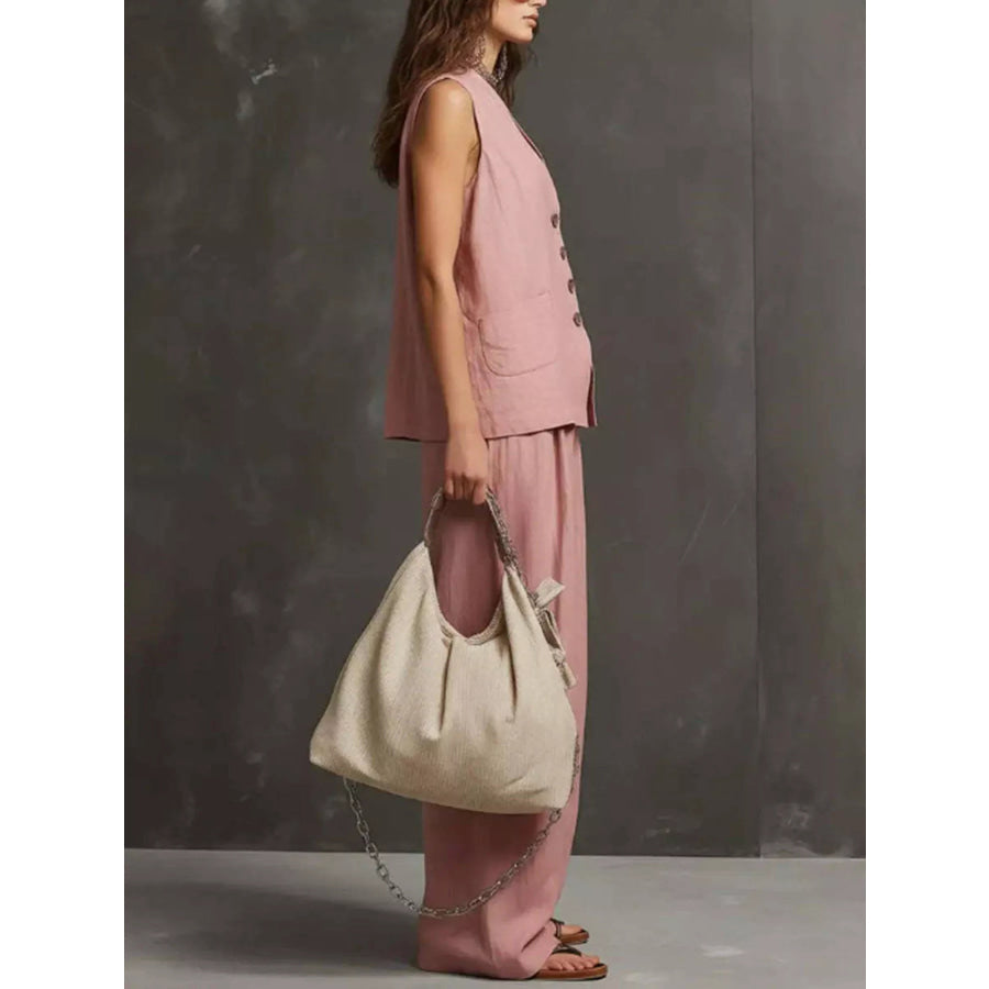 Full Size Sleeveless Vest and Wide-Leg Pants Set Plus SIze Apparel and Accessories