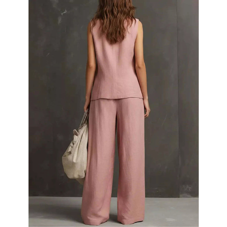Full Size Sleeveless Vest and Wide-Leg Pants Set Plus SIze Apparel and Accessories