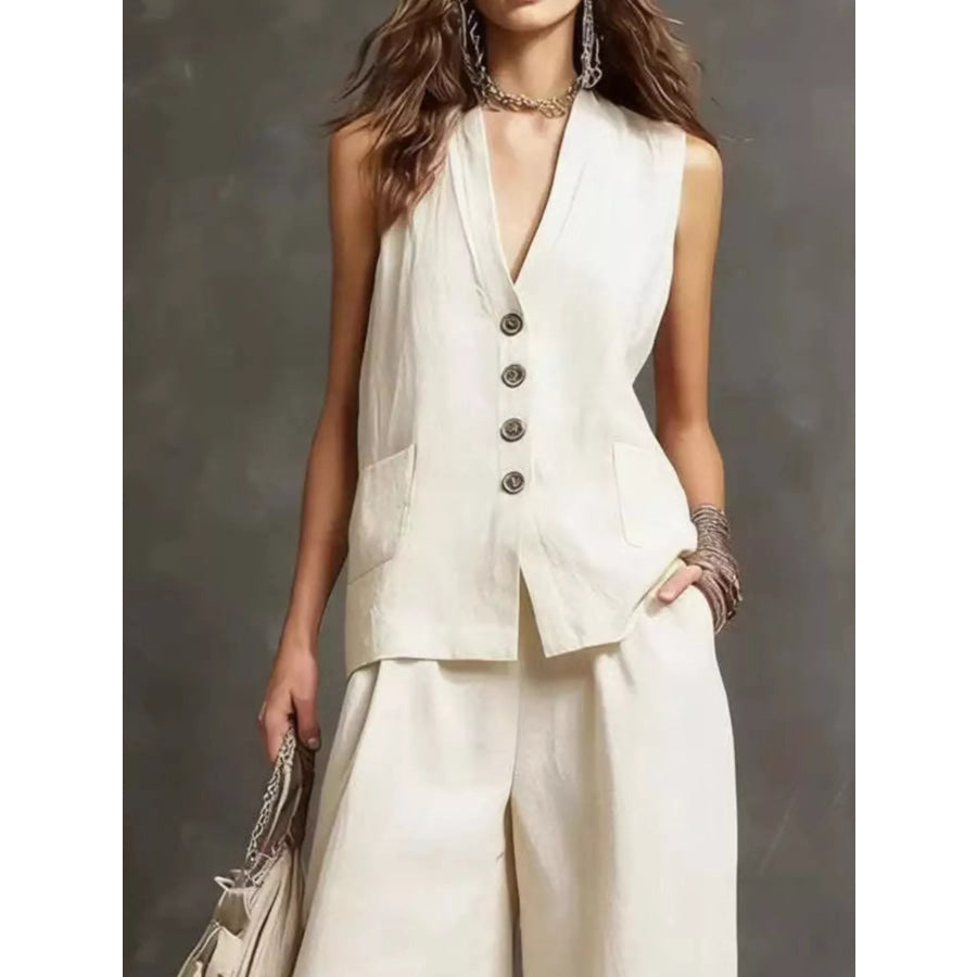 Full Size Sleeveless Vest and Wide-Leg Pants Set Plus SIze Apparel and Accessories