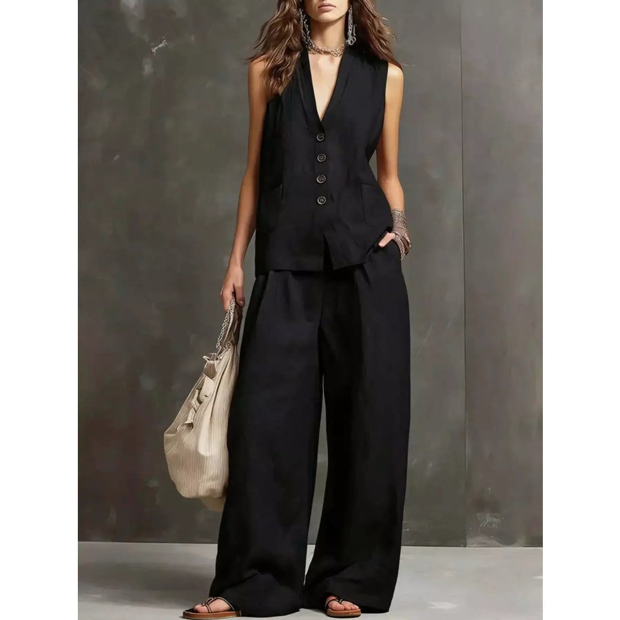 Full Size Sleeveless Vest and Wide-Leg Pants Set Plus SIze Black / S Apparel and Accessories