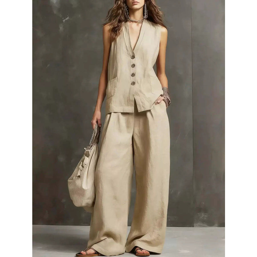 Full Size Sleeveless Vest and Wide-Leg Pants Set Plus SIze Khaki / S Apparel and Accessories