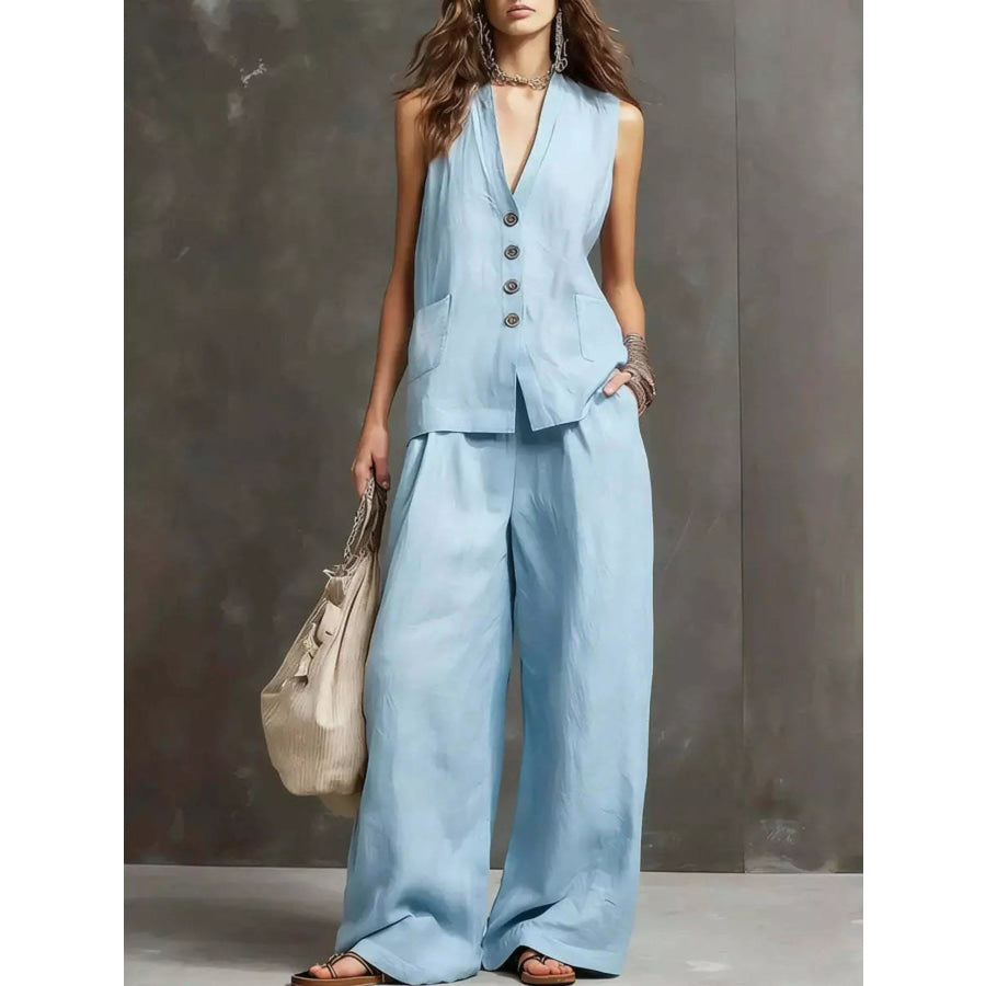 Full Size Sleeveless Vest and Wide-Leg Pants Set Plus SIze Light Blue / S Apparel and Accessories