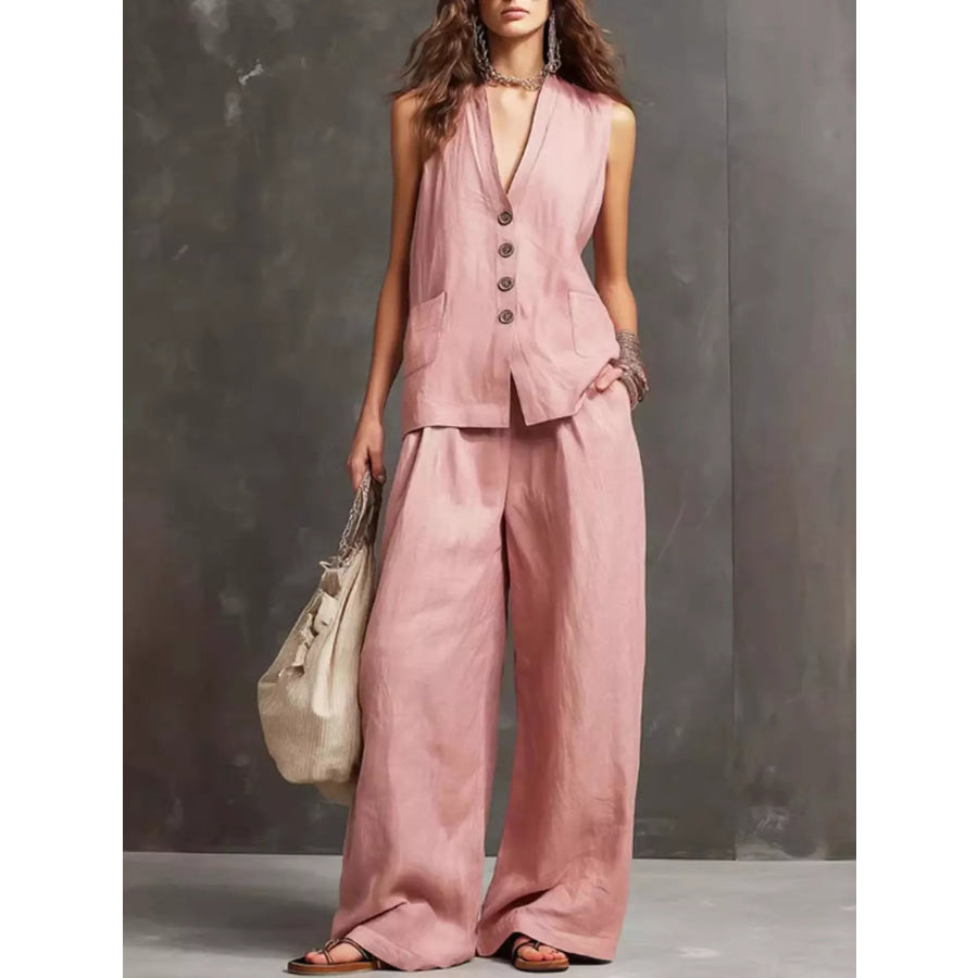 Full Size Sleeveless Vest and Wide-Leg Pants Set Plus SIze Pink / S Apparel and Accessories