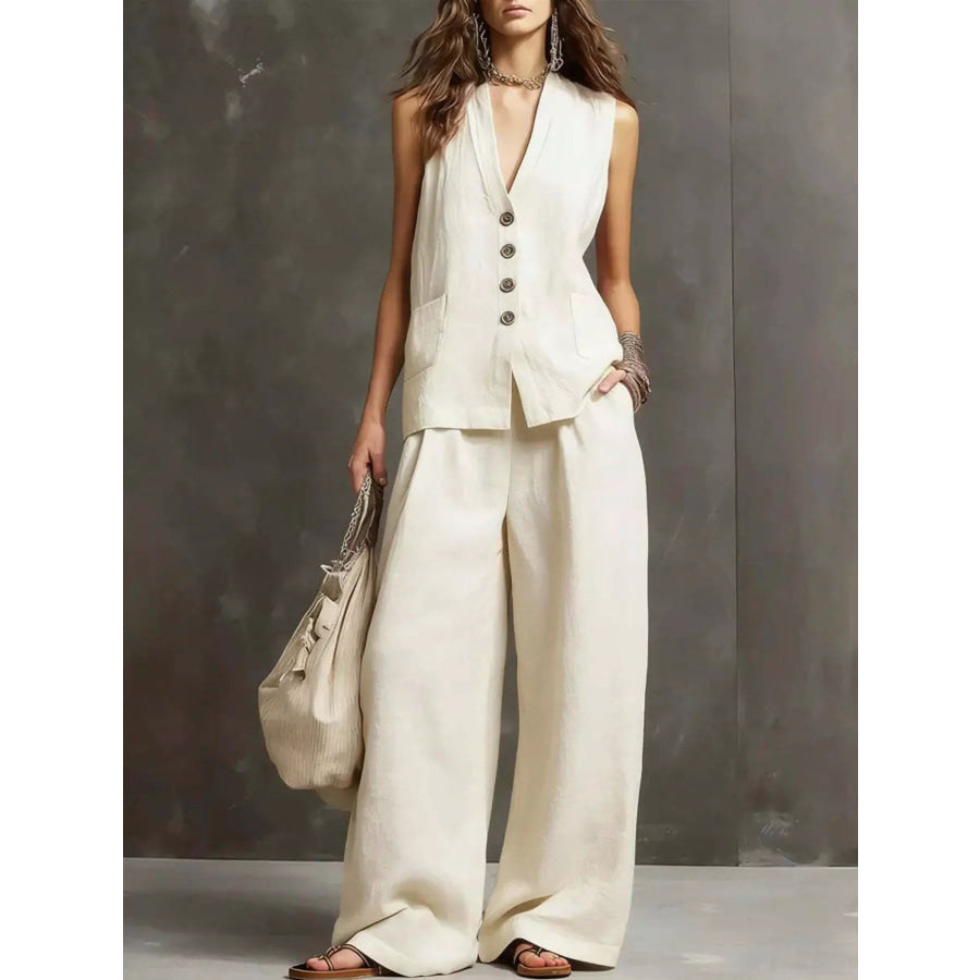 Full Size Sleeveless Vest and Wide-Leg Pants Set Plus SIze White / S Apparel and Accessories