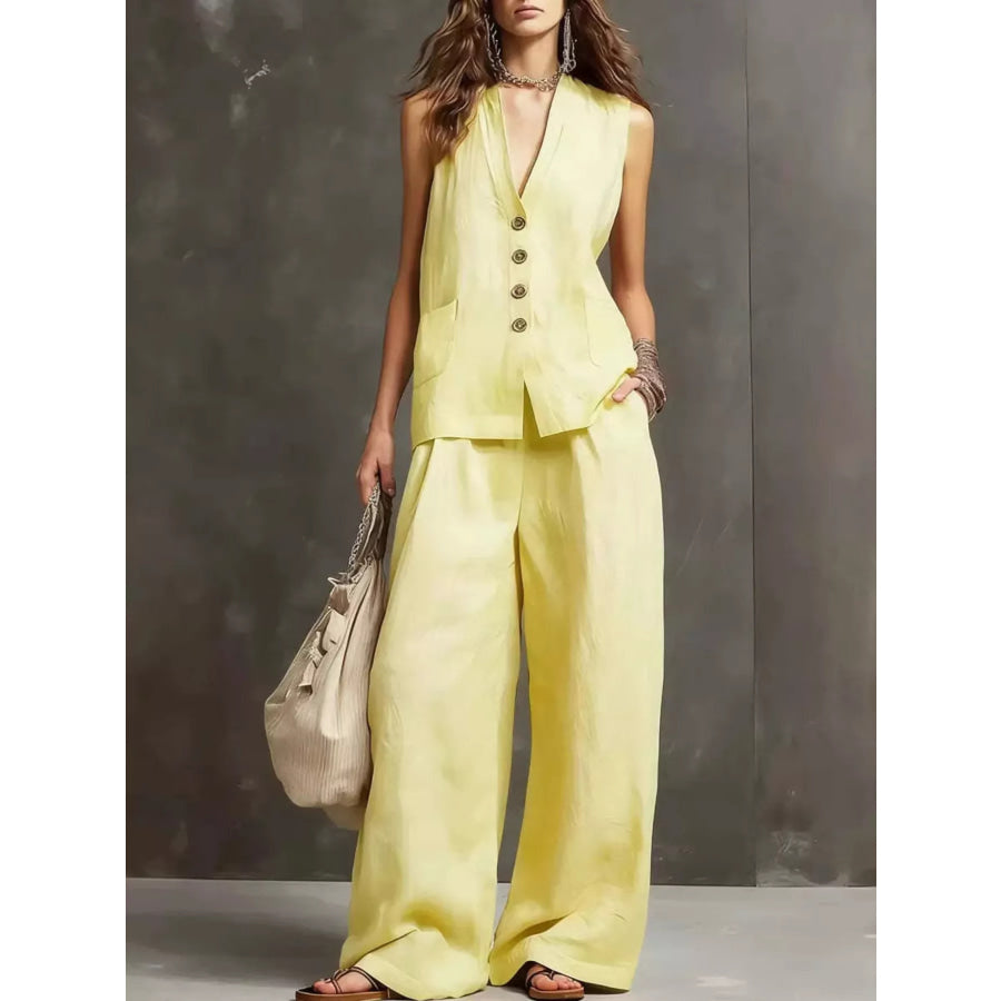 Full Size Sleeveless Vest and Wide-Leg Pants Set Plus SIze Yellow / S Apparel and Accessories