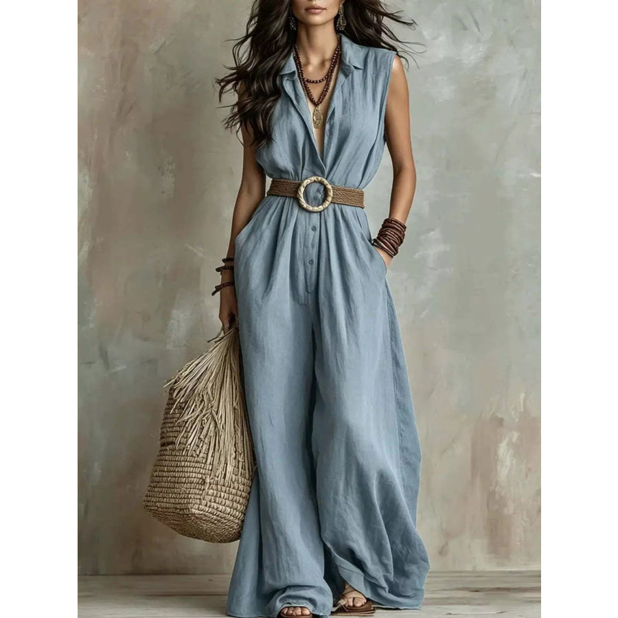 Full Size Sleeveless Wide Leg Jumpsuit Plus Size Blue / S Apparel and Accessories