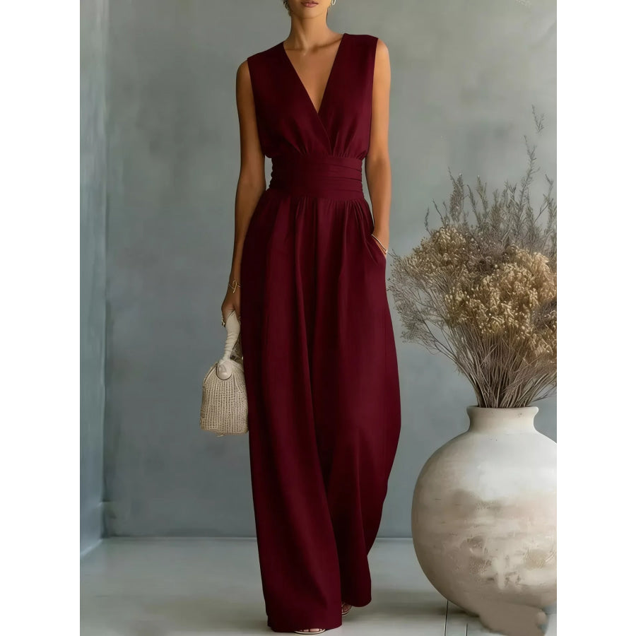 Full Size Sleeveless Wide-Leg Jumpsuit Plus Size Burgundy / S Apparel and Accessories