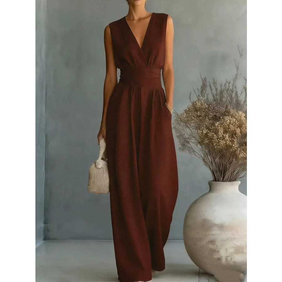 Full Size Sleeveless Wide Leg Jumpsuit Plus Size Burgundy / S Apparel and Accessories