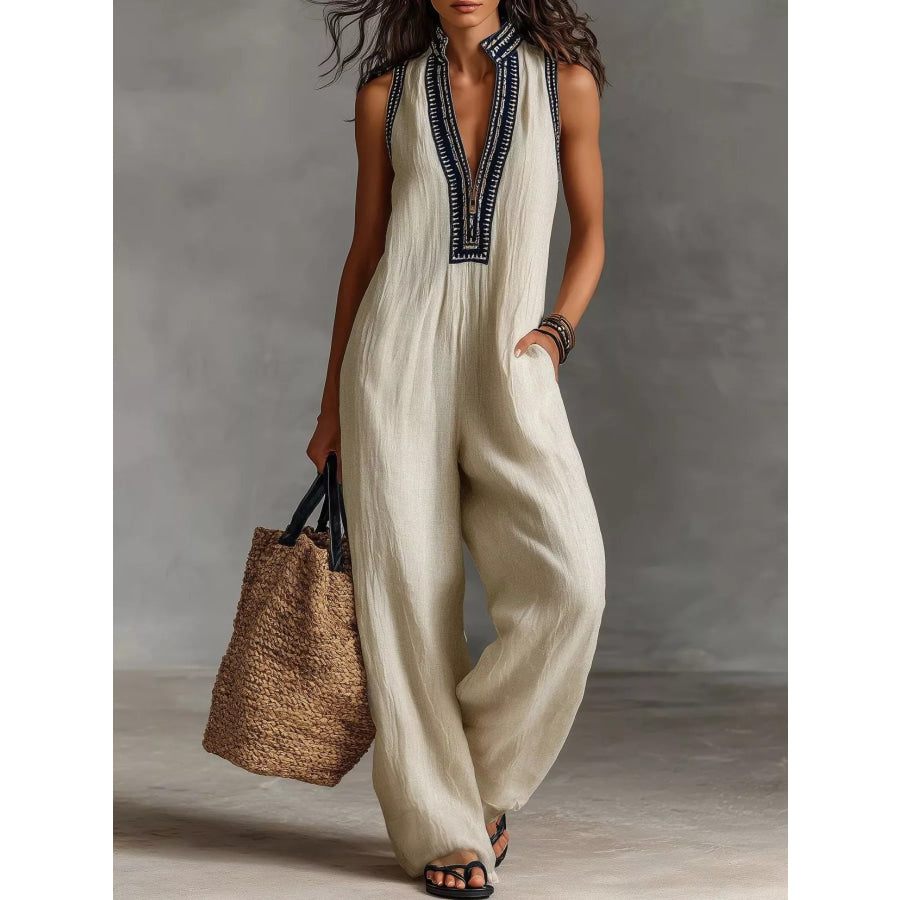 Full Size Sleeveless Wide-Leg Jumpsuit Plus SIze Ivory / S Apparel and Accessories