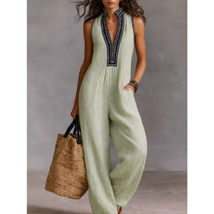 Full Size Sleeveless Wide-Leg Jumpsuit Plus SIze Light Green / S Apparel and Accessories