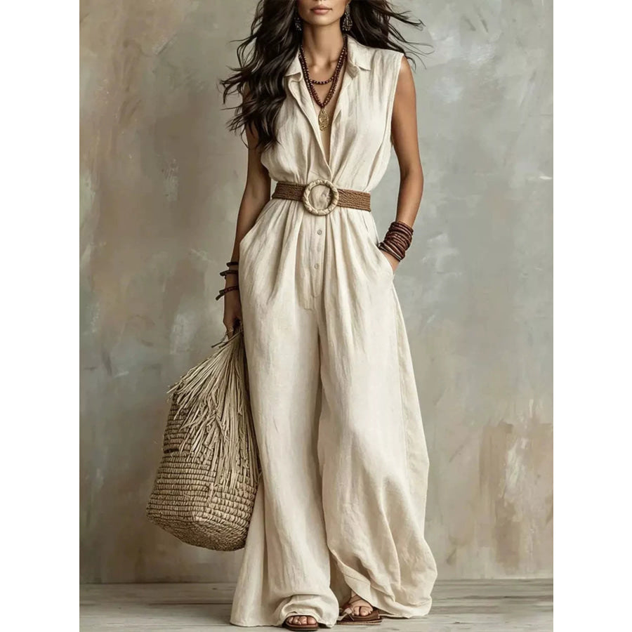 Full Size Sleeveless Wide Leg Jumpsuit Plus Size White / S Apparel and Accessories