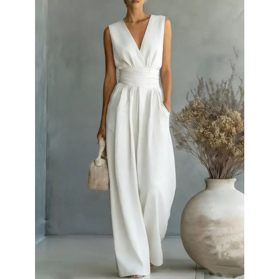 Full Size Sleeveless Wide Leg Jumpsuit Plus Size White / S Apparel and Accessories