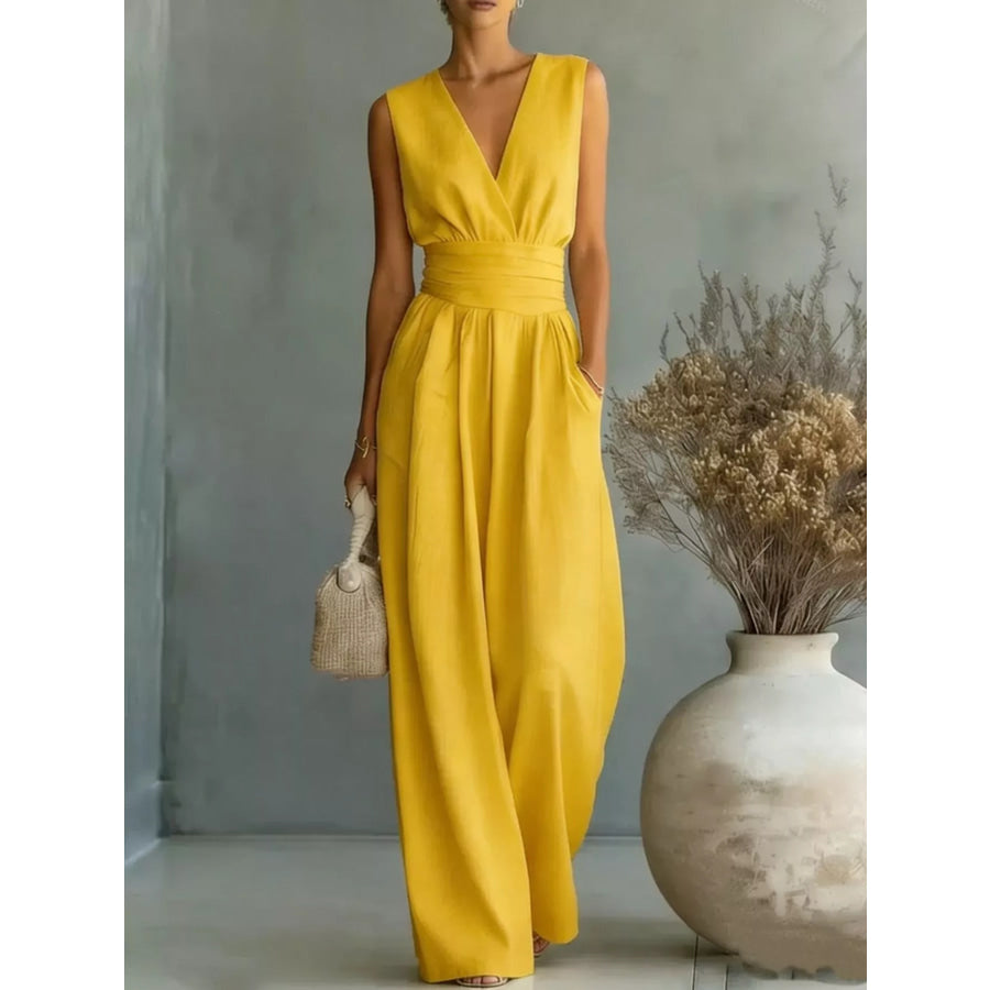 Full Size Sleeveless Wide Leg Jumpsuit Plus Size Yellow / S Apparel and Accessories