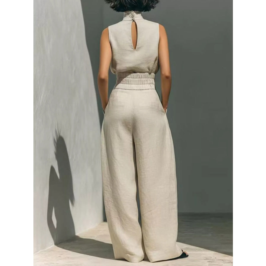 Full Size Sleeveless Wide-Leg Jumpsuit with Smocked Waist Plus Size Apparel and Accessories