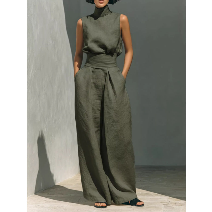 Full Size Sleeveless Wide-Leg Jumpsuit with Smocked Waist Plus Size Army Green / S Apparel and Accessories