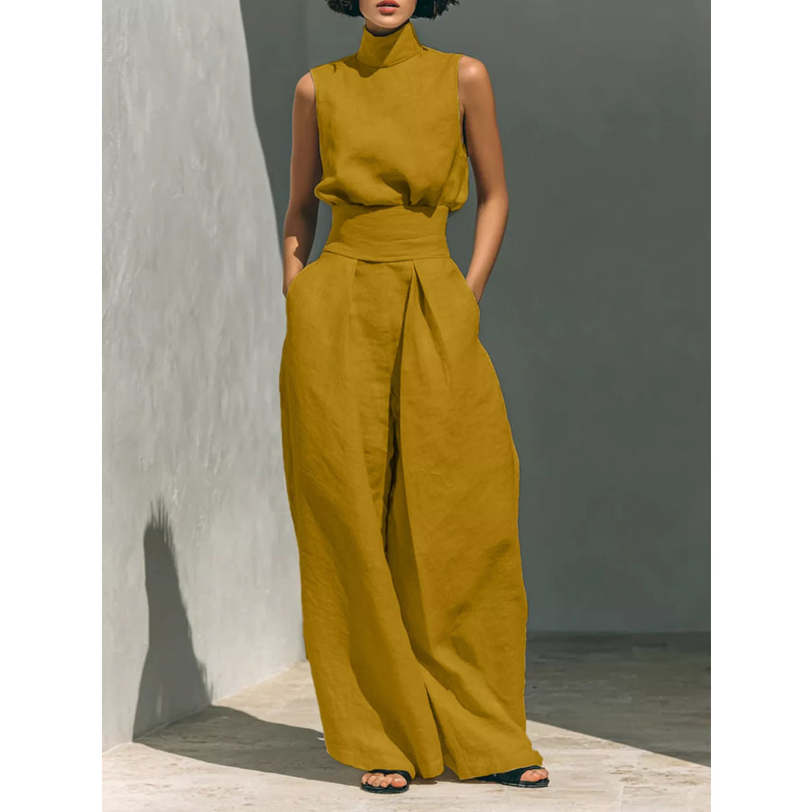 Full Size Sleeveless Wide-Leg Jumpsuit with Smocked Waist Plus Size Earthy Yellow / S Apparel and Accessories