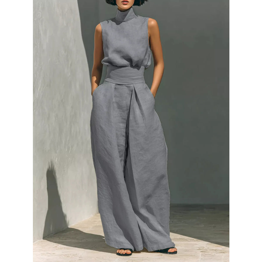 Full Size Sleeveless Wide-Leg Jumpsuit with Smocked Waist Plus Size Grey / S Apparel and Accessories