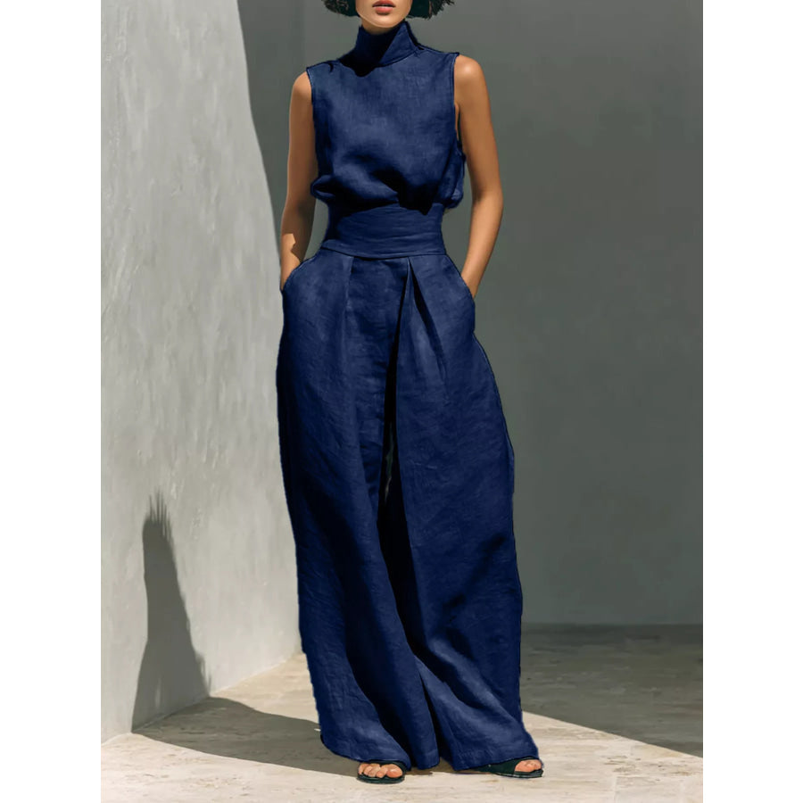 Full Size Sleeveless Wide-Leg Jumpsuit with Smocked Waist Plus Size Navy Blue / S Apparel and Accessories