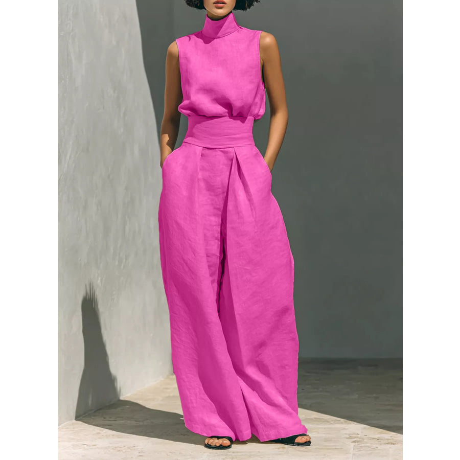 Full Size Sleeveless Wide-Leg Jumpsuit with Smocked Waist Plus Size Rose Red / S Apparel and Accessories