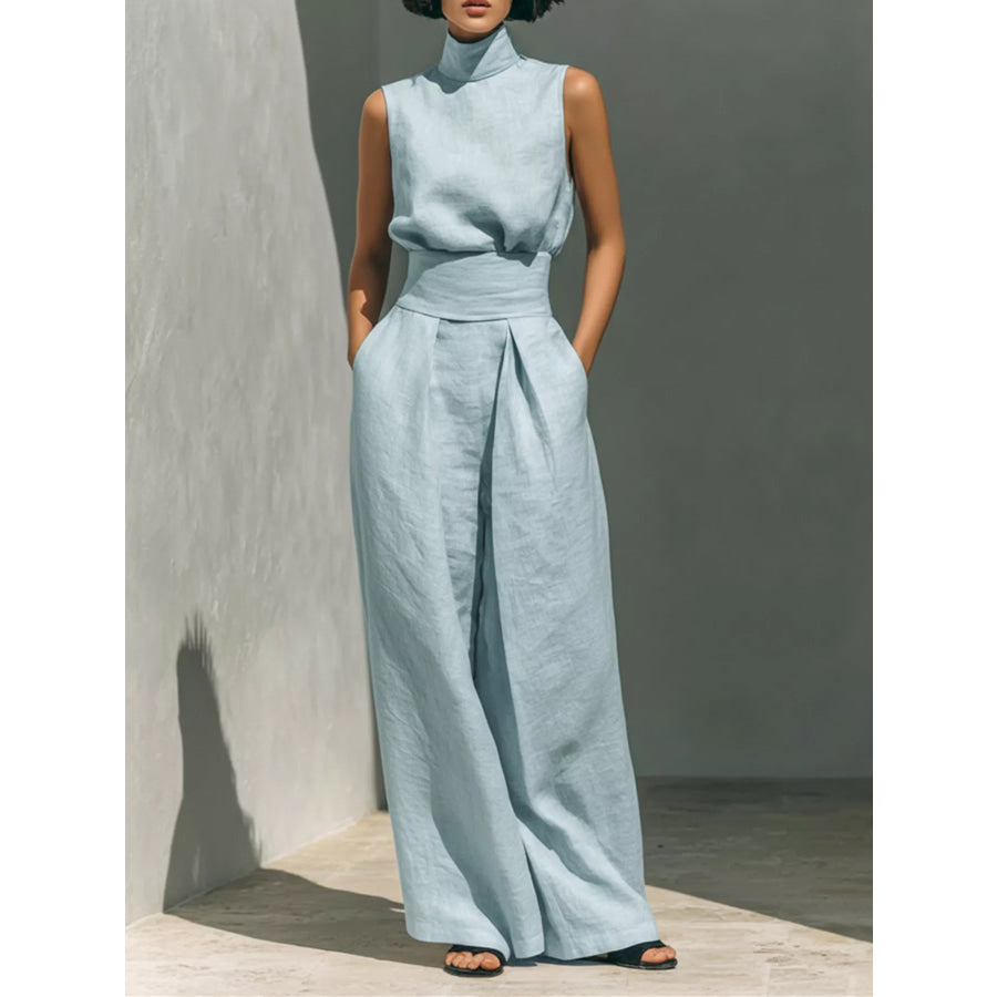 Full Size Sleeveless Wide-Leg Jumpsuit with Smocked Waist Plus Size Sky Blue / S Apparel and Accessories