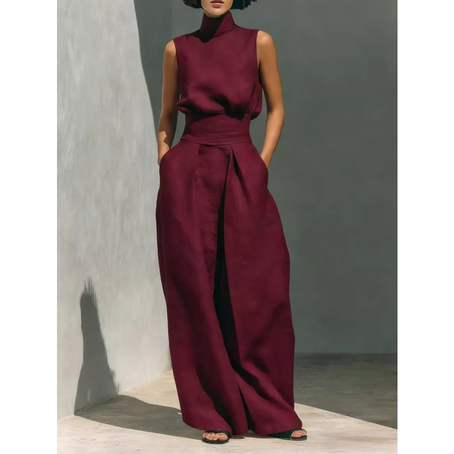 Full Size Sleeveless Wide-Leg Jumpsuit with Smocked Waist Plus Size Wine Red / S Apparel and Accessories