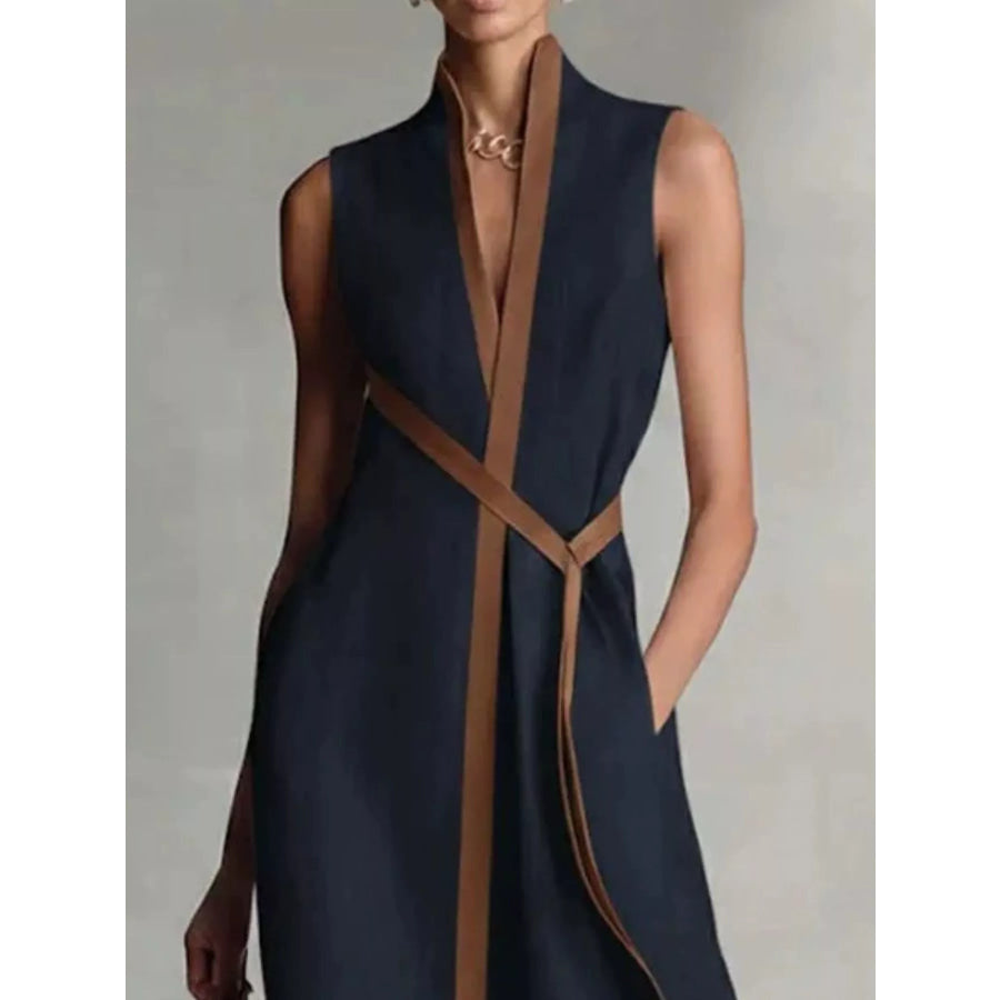 Full Size Sleeveless Wrap Maxi Dress with Contrast Trim Plus Apparel and Accessories