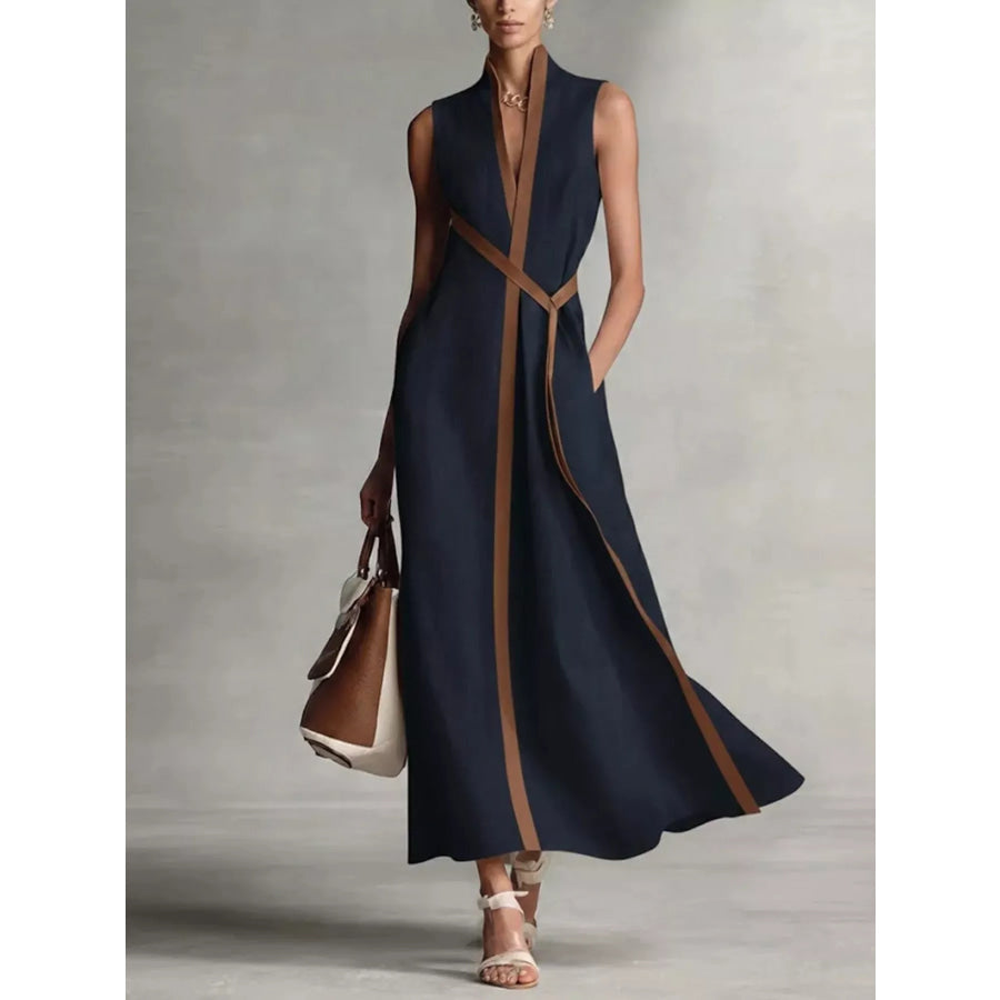 Full Size Sleeveless Wrap Maxi Dress with Contrast Trim Plus Dark Blue / S Apparel and Accessories