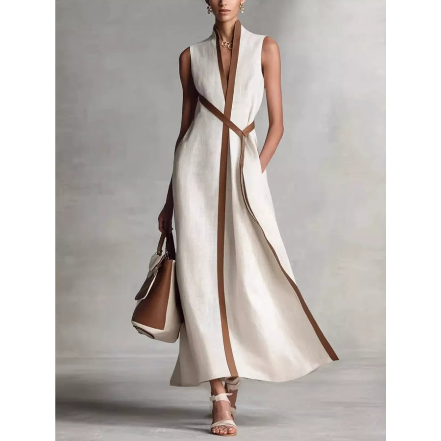 Full Size Sleeveless Wrap Maxi Dress with Contrast Trim Plus White / S Apparel and Accessories