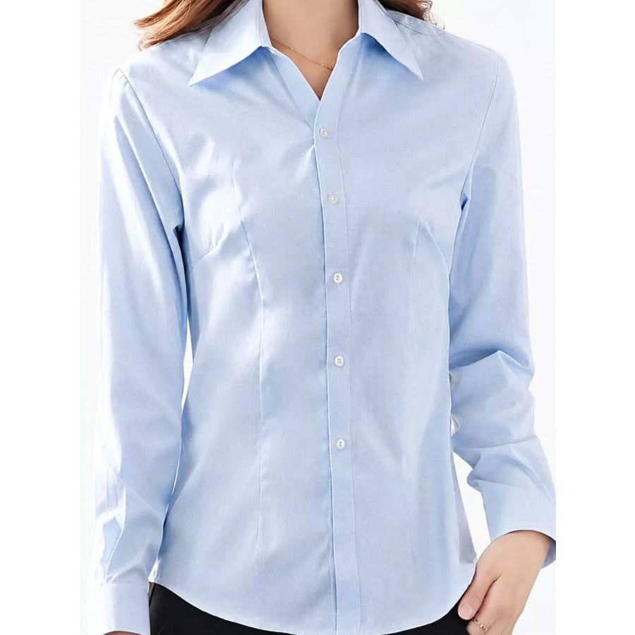 Full Size Slim-Fit Button Up Long Sleeve Shirt Plus Blue-Twill-Womens-Long Sleeve-V-Neck-2510 / S Apparel and Accessories