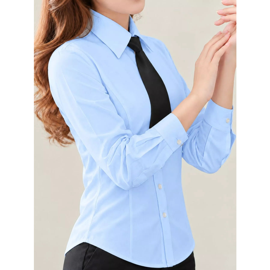 Full Size Slim-Fit Button Up Long Sleeve Shirt Plus Solid Blue-Womens-Long Sleeve-V-Neck-2505 / S Apparel and Accessories