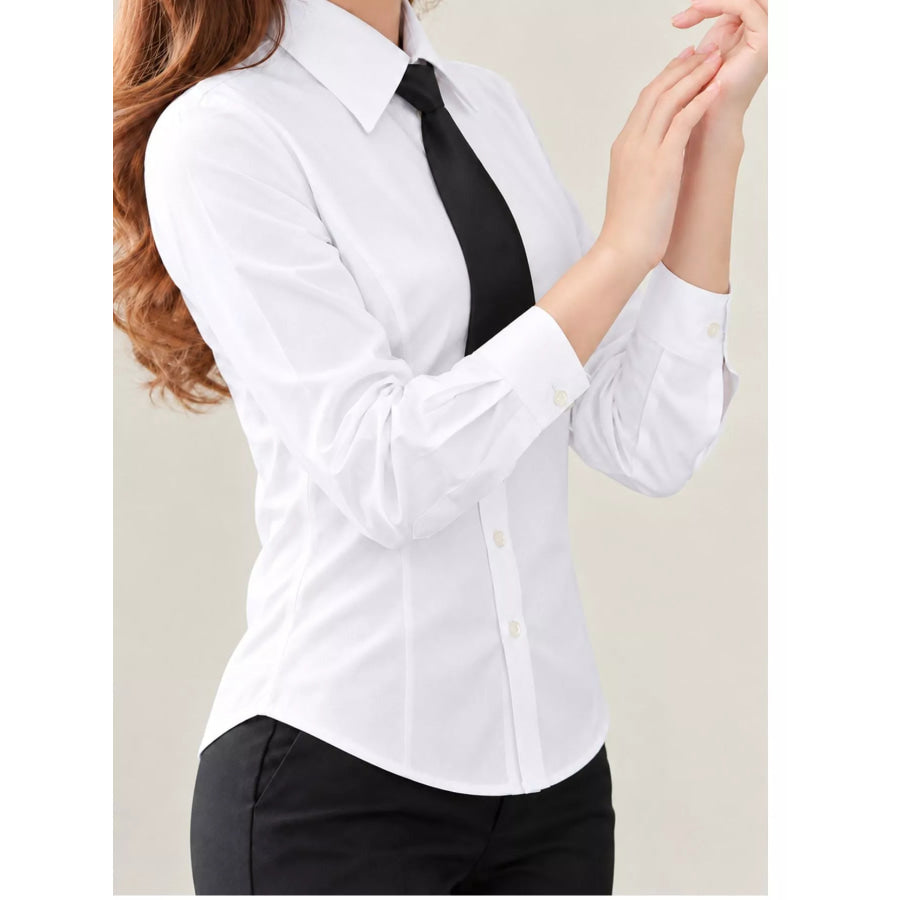 Full Size Slim-Fit Button Up Long Sleeve Shirt Plus Solid White-Womens-Long Sleeve-Square Neck-2507 / S Apparel and Accessories