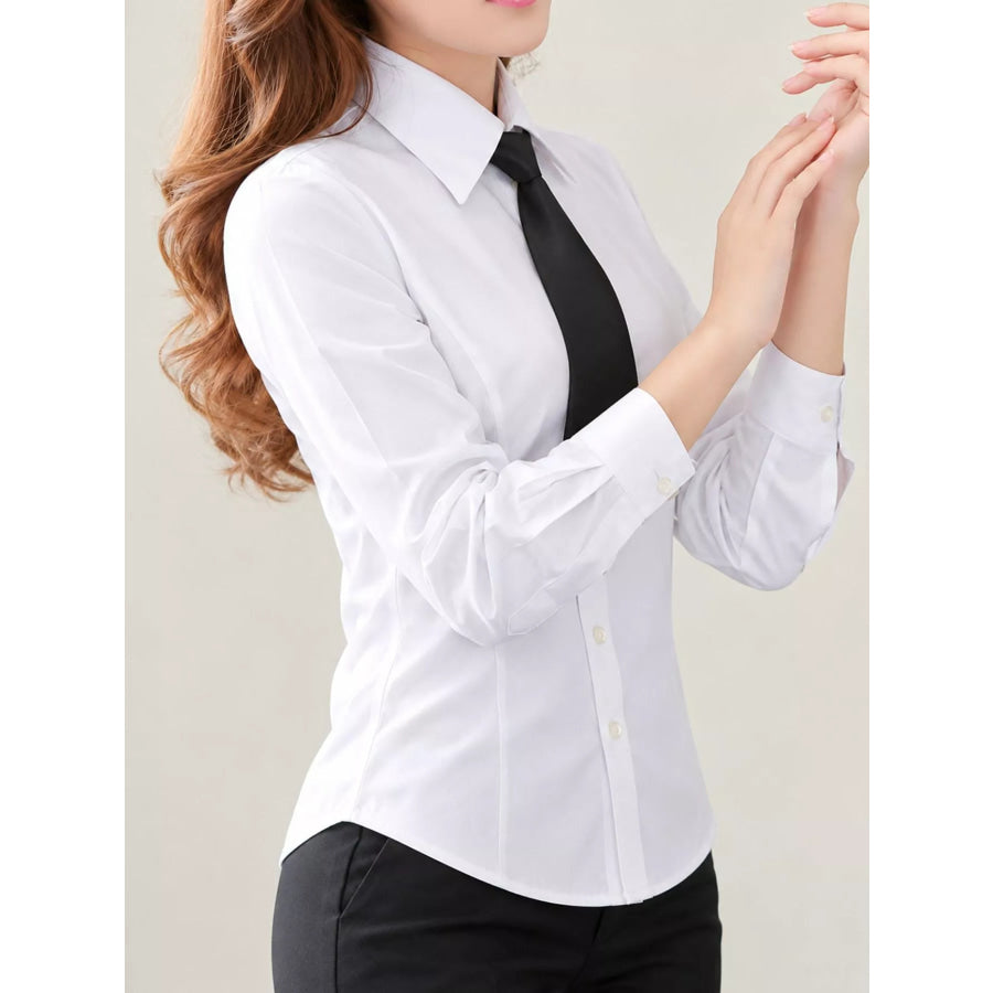 Full Size Slim-Fit Button Up Long Sleeve Shirt Plus Solid White-Womens-Long Sleeve-V-Neck-2507 / S Apparel and Accessories