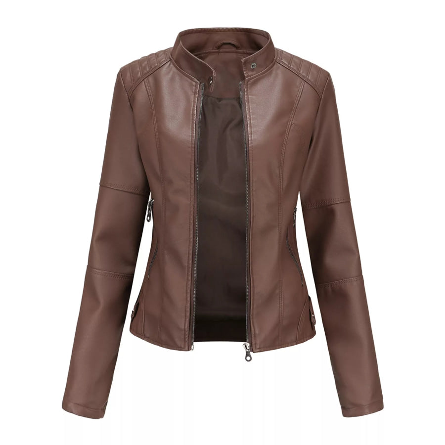 Full Size Slim Fit Faux Leather Moto Jacket Plus Apparel and Accessories