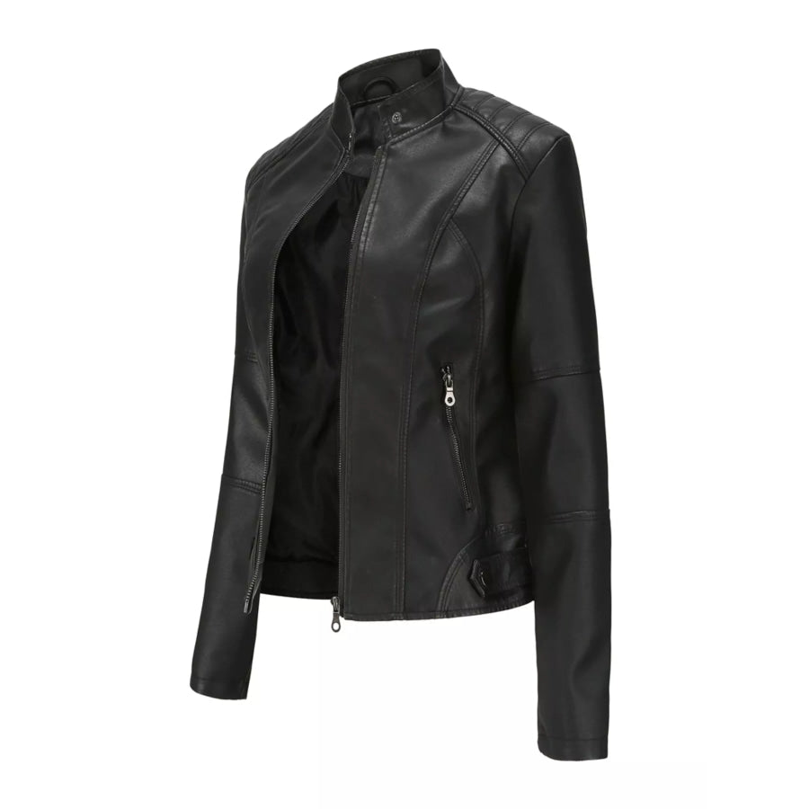 Full Size Slim Fit Faux Leather Moto Jacket Plus Apparel and Accessories