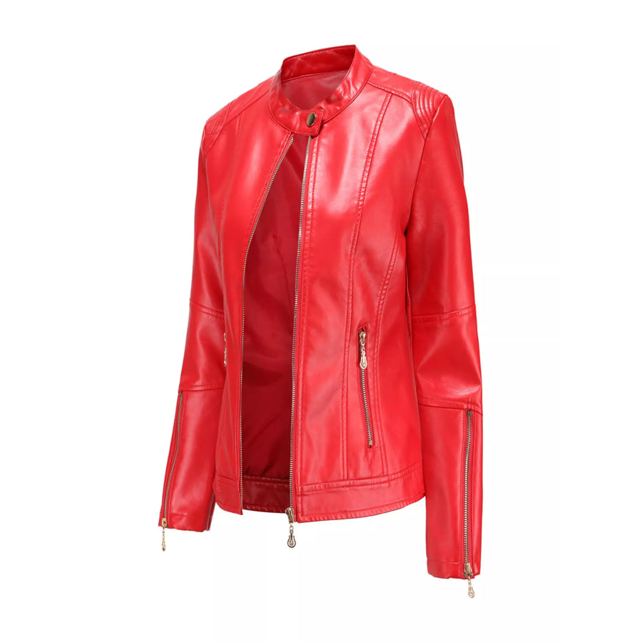 Full Size Slim Fit Faux Leather Moto Jacket Plus Apparel and Accessories